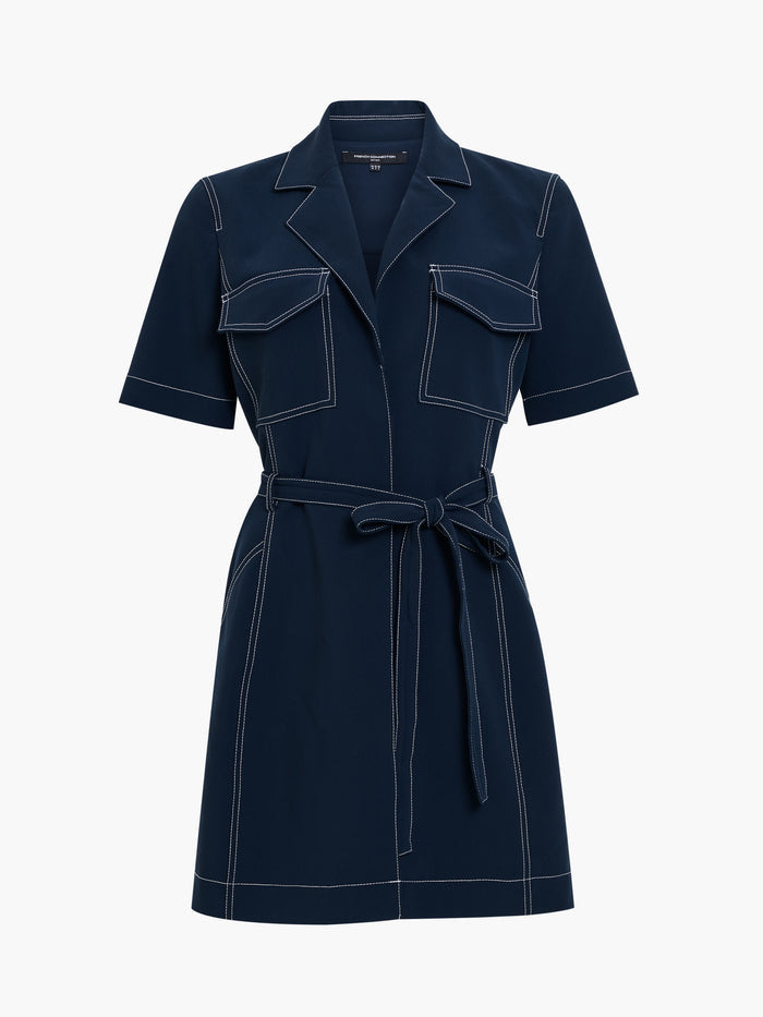 Azra Contrast Stitch Belted Navy Blue Mini Dress