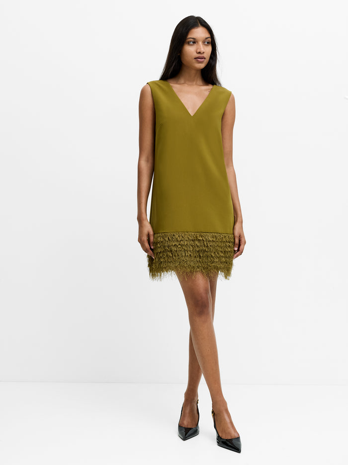 Azra Green Faux Feather Trim Mini Dress