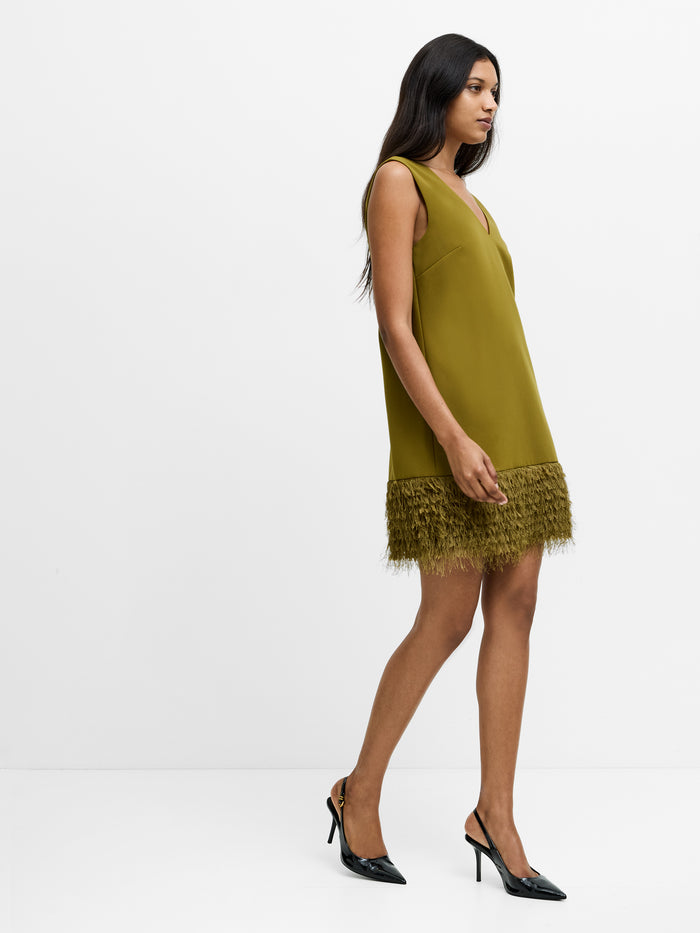 Azra Green Faux Feather Trim Mini Dress