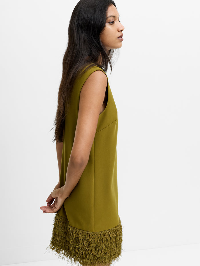 Azra Green Faux Feather Trim Mini Dress