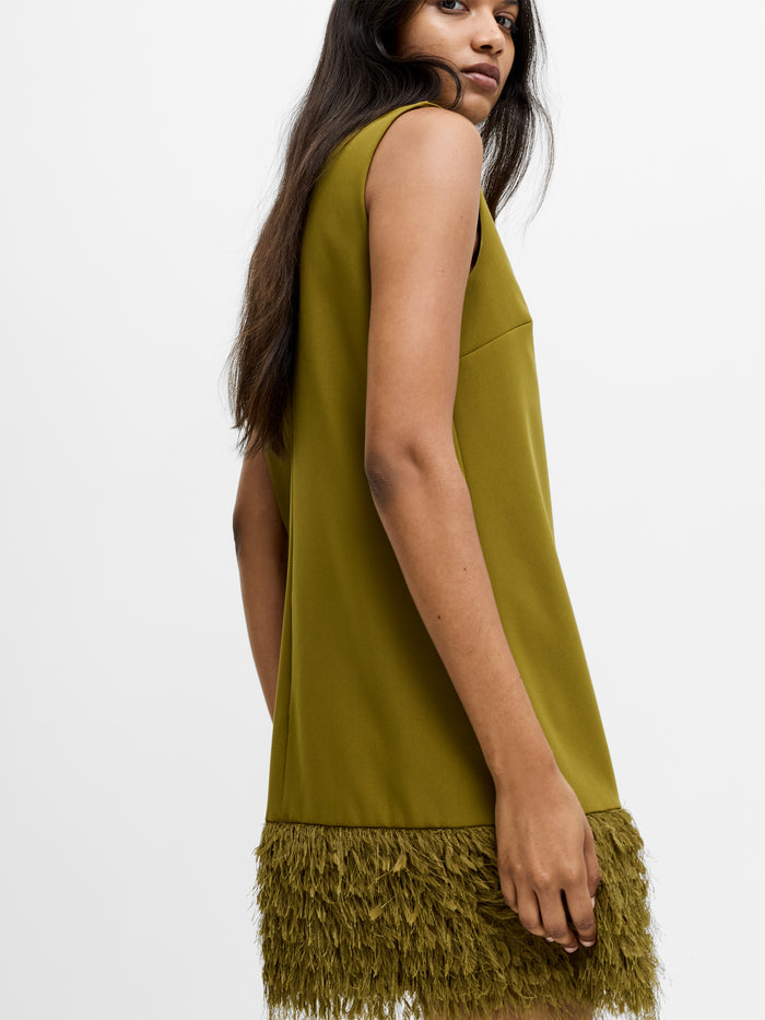Azra Green Faux Feather Trim Mini Dress