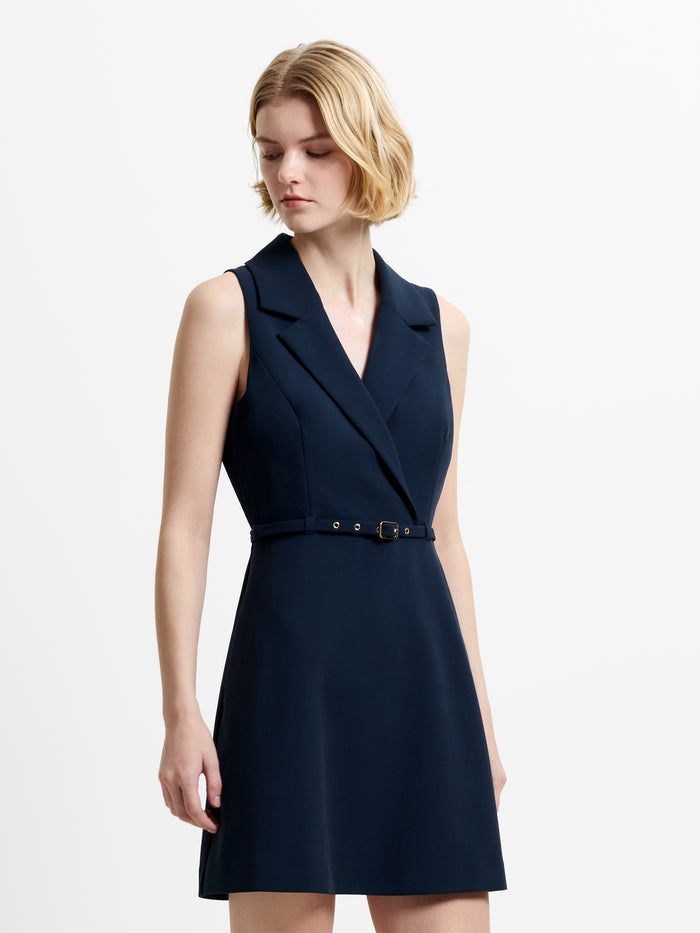 Azra Twill Belted Sleeveless Dark Blue Mini Dress