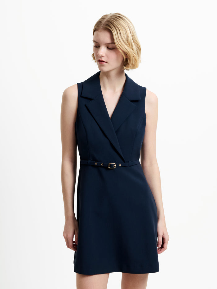 Azra Twill Belted Sleeveless Dark Blue Mini Dress