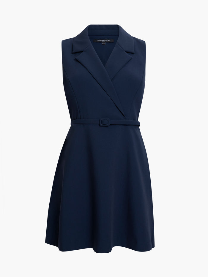 Azra Twill Belted Sleeveless Dark Blue Mini Dress
