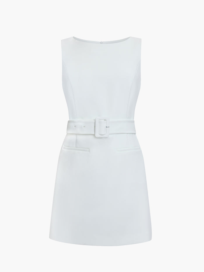 Azra Twill Tailored Belted White Mini Dress