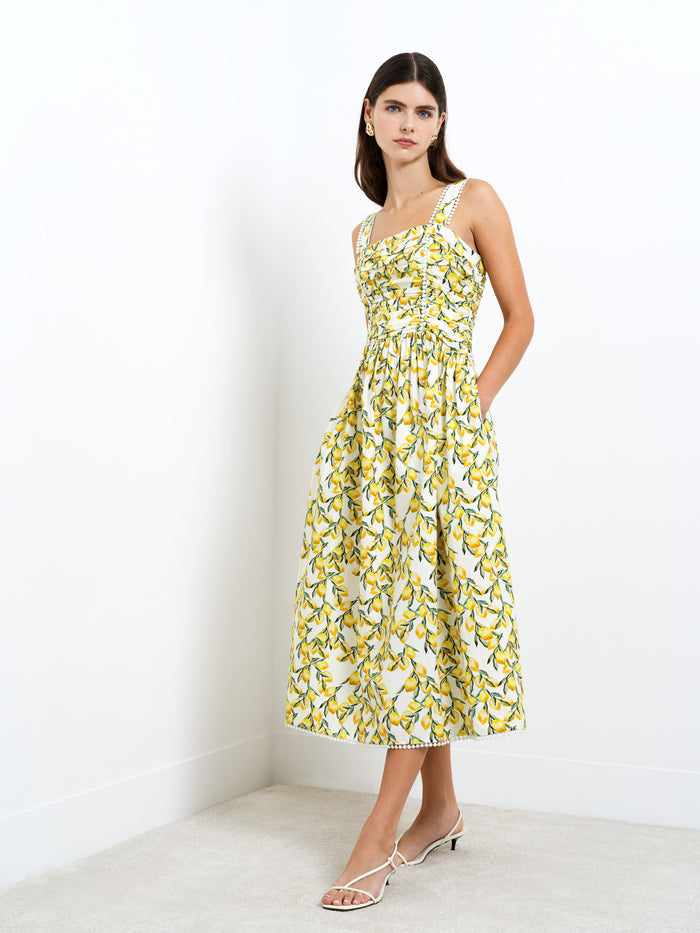 Barletta Lemon Ruched Sleeveless Midi Dress