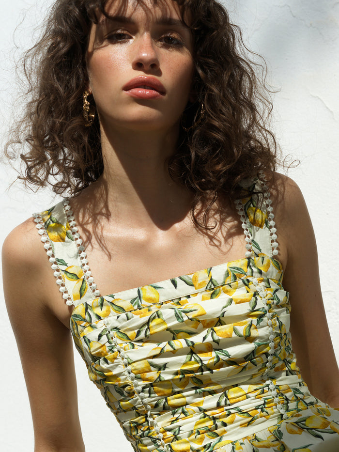 Barletta Lemon Ruched Sleeveless Midi Dress