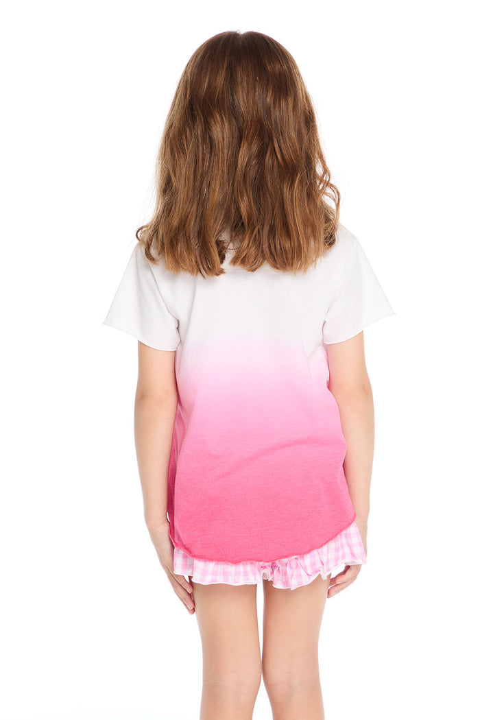 Back view of the Chaser Kids Beach Club Shirttail Tee in pink ombré highlighting the gradient fade and shirttail hem on a white background