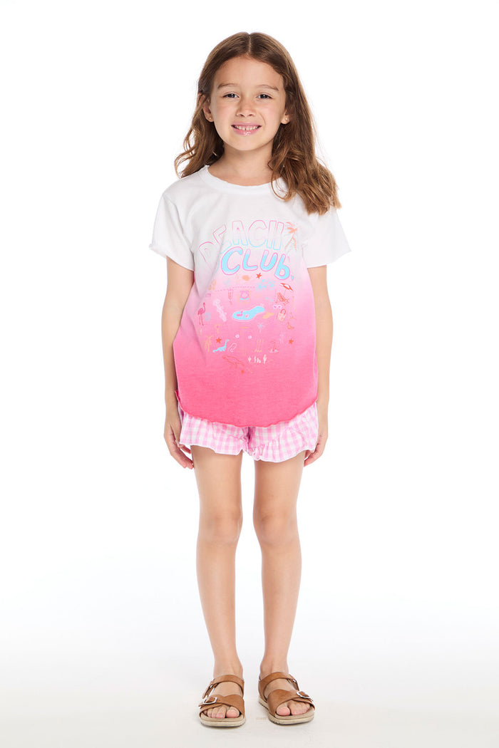 Full body view of the Chaser Kids Beach Club Shirttail Tee in pink ombré shown with Pinky Gingham Grotto Shorts on a white background