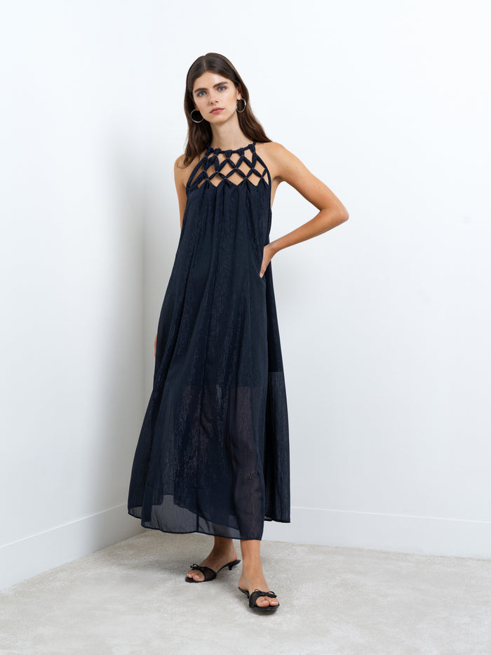 Beth Lurex Navy Trim Halterneck Maxi Dress