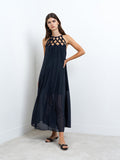 Beth Lurex Navy Trim Halterneck Maxi Dress