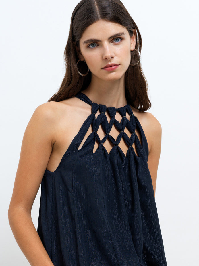 Beth Lurex Navy Trim Halterneck Maxi Dress
