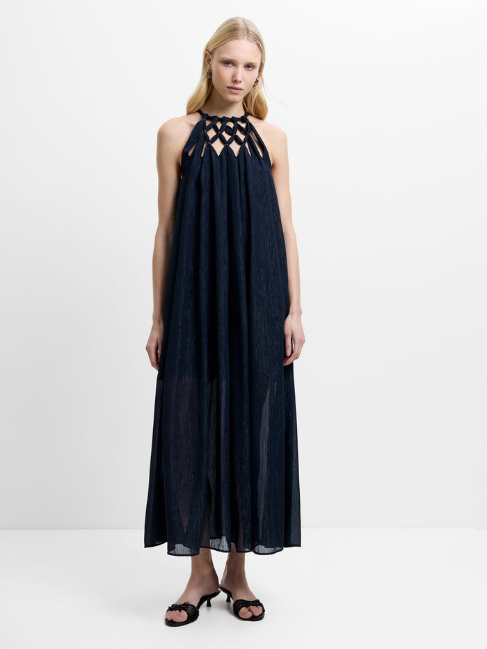 Beth Lurex Navy Trim Halterneck Maxi Dress