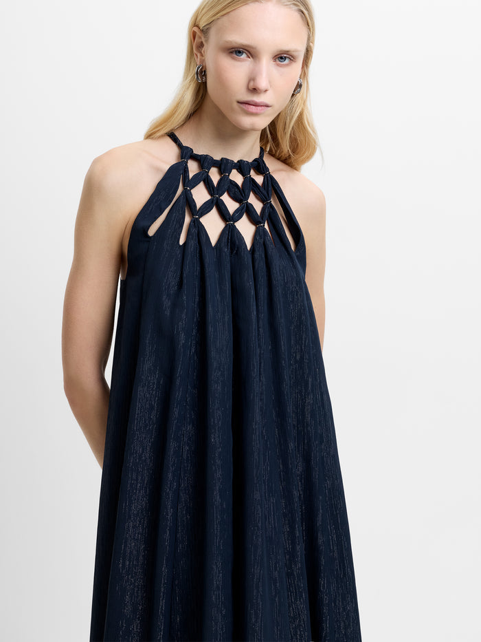 Beth Lurex Navy Trim Halterneck Maxi Dress
