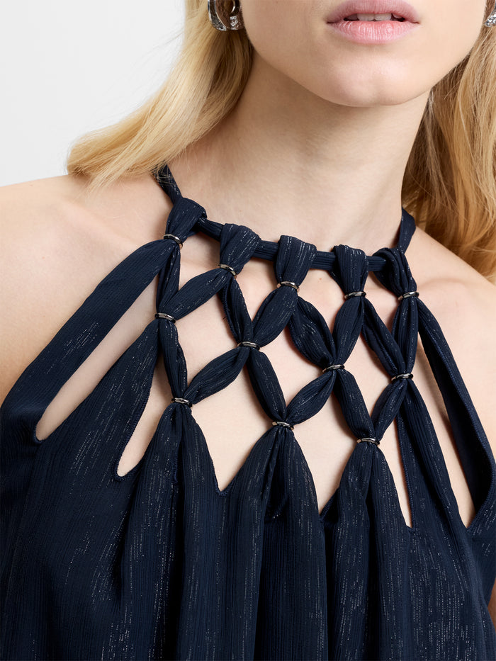 Beth Lurex Navy Trim Halterneck Maxi Dress