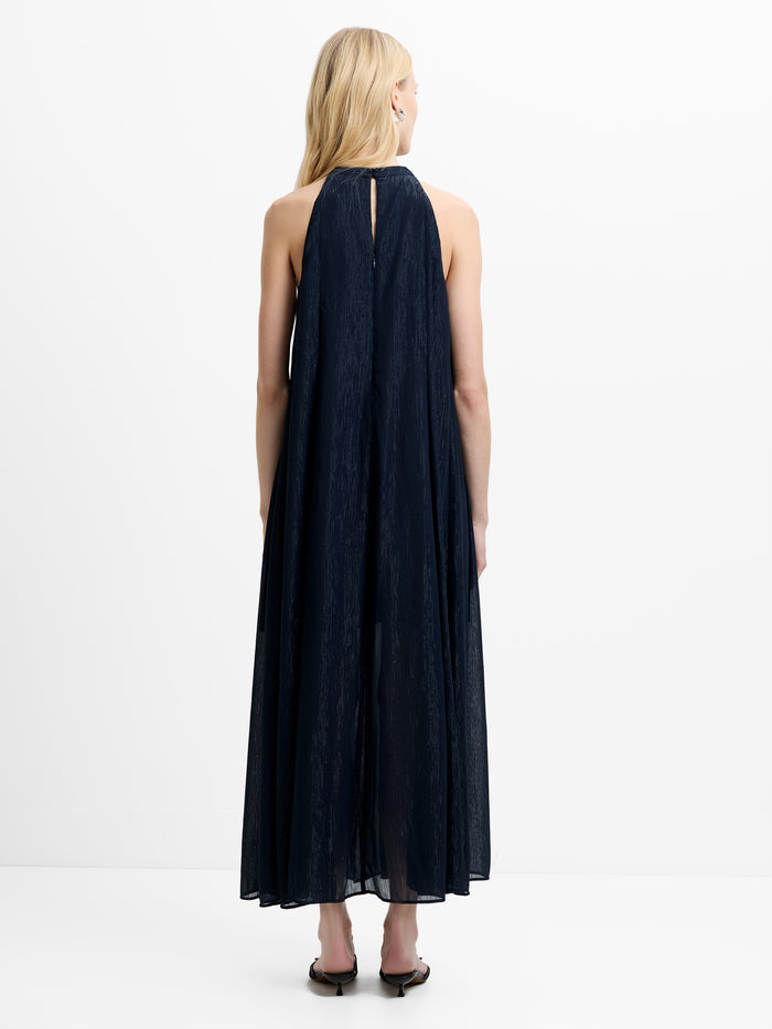 Beth Lurex Navy Trim Halterneck Maxi Dress