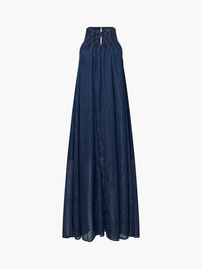 Beth Lurex Navy Trim Halterneck Maxi Dress