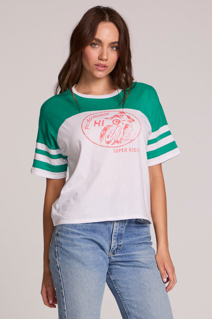 Front view of a woman wearing the Chaser  Biker Rider Graphic Tee on a neutral background