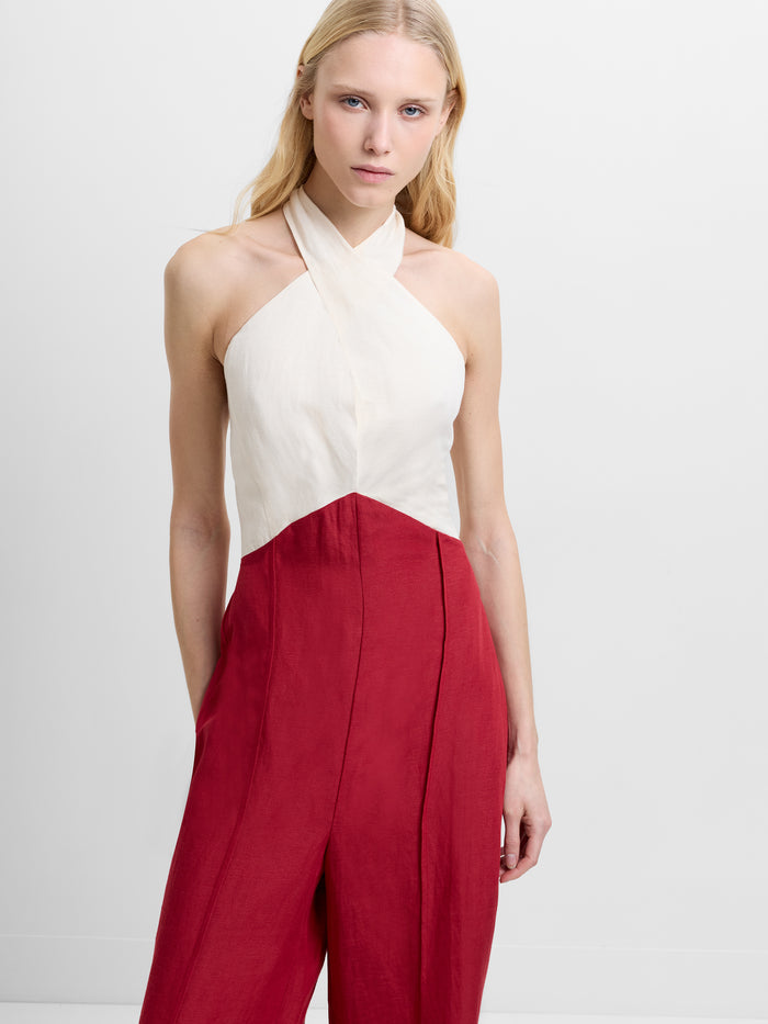 Birdie Linen Blend Halterneck Wide Leg Jumpsuit