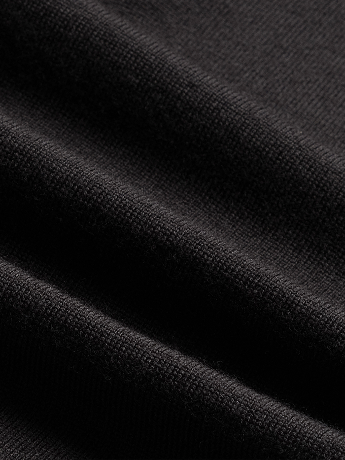 Close-up of black knit fabric texture on a quarter-zip sweater.