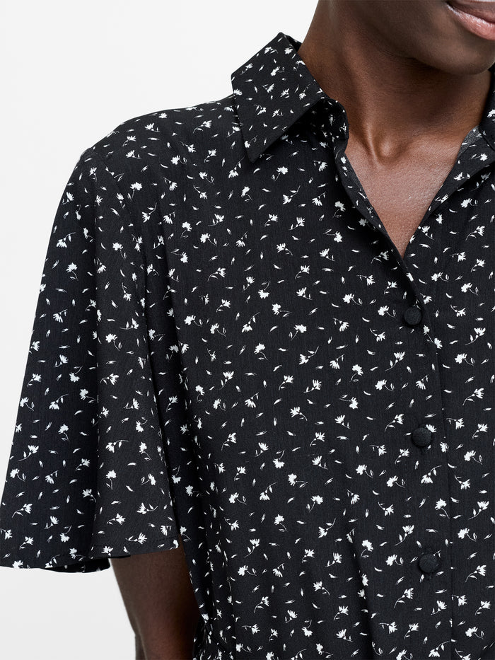 Black and White Floral Mini Shirt Dress