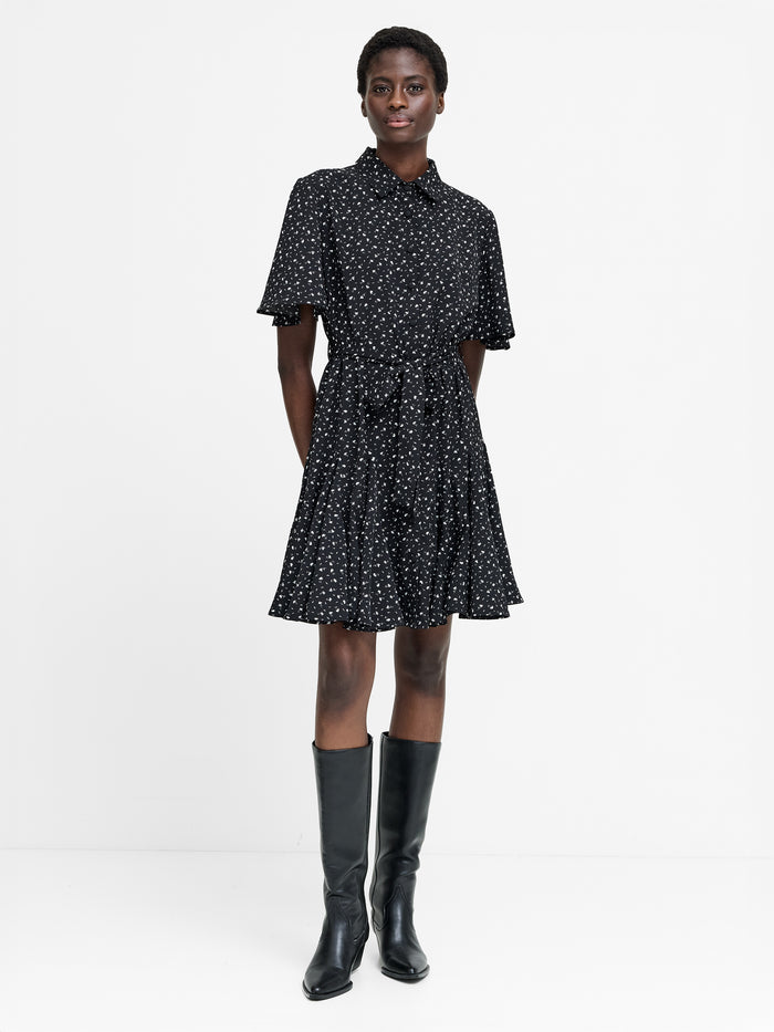Black and White Floral Mini Shirt Dress