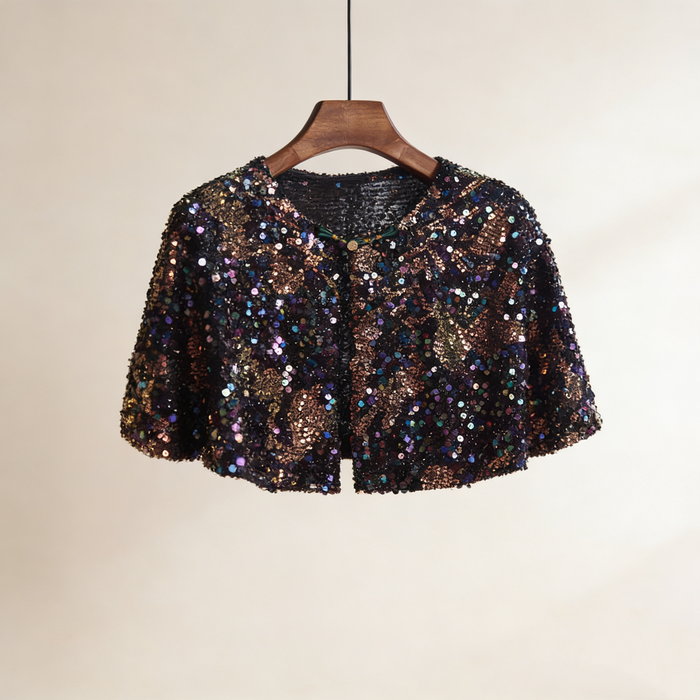 Black iridescent sequin bridal capelet with rainbow sparkle effect, short wedding shawl for evening gowns and formal dresses.