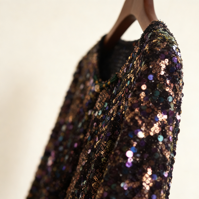Black iridescent sequin bridal capelet with rainbow sparkle effect, short wedding shawl for evening gowns and formal dresses.