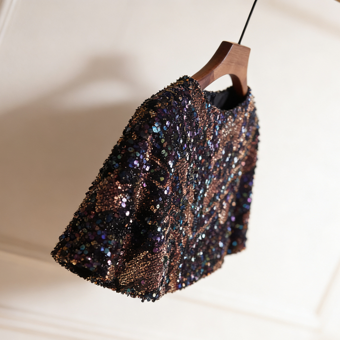 Black iridescent sequin bridal capelet with rainbow sparkle effect, short wedding shawl for evening gowns and formal dresses.