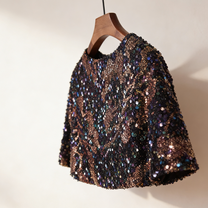 Black iridescent sequin bridal capelet with rainbow sparkle effect, short wedding shawl for evening gowns and formal dresses.