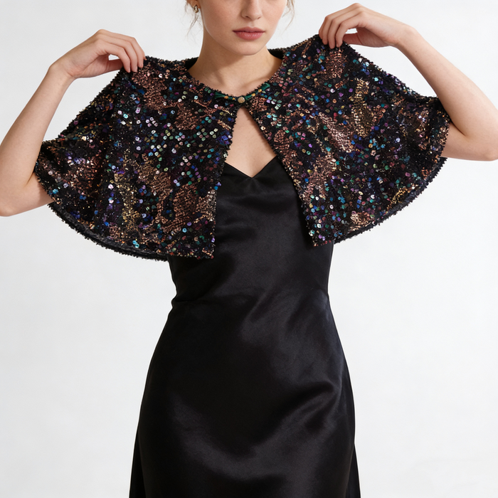 Luxury black sparkle cape with colorful aurora sequins, elegant bridal shoulder cover for wedding reception and special occasions.