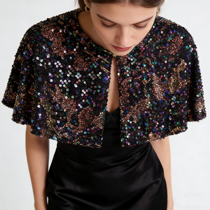 Luxury black sparkle cape with colorful aurora sequins, elegant bridal shoulder cover for wedding reception and special occasions.