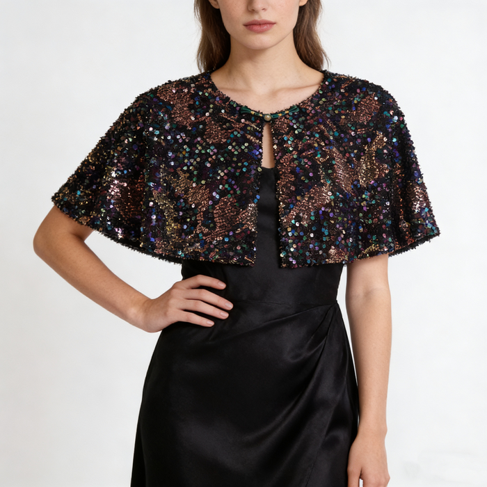Luxury black sparkle cape with colorful aurora sequins, elegant bridal shoulder cover for wedding reception and special occasions.