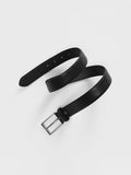 Black leather belt coiled on a grey background, silver rectangular buckle visible.