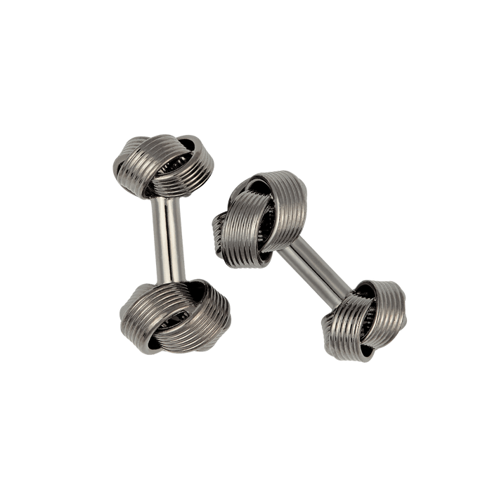 Pair of black knot-style cufflinks on a white background.