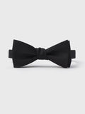 Black pre-tied butterfly bow tie shown front-on with adjustable neck strap on a white background