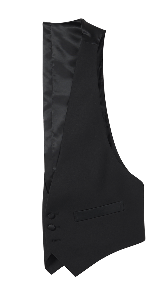 Black tuxedo vest flat lay, satin back panel visible, light grey background.
