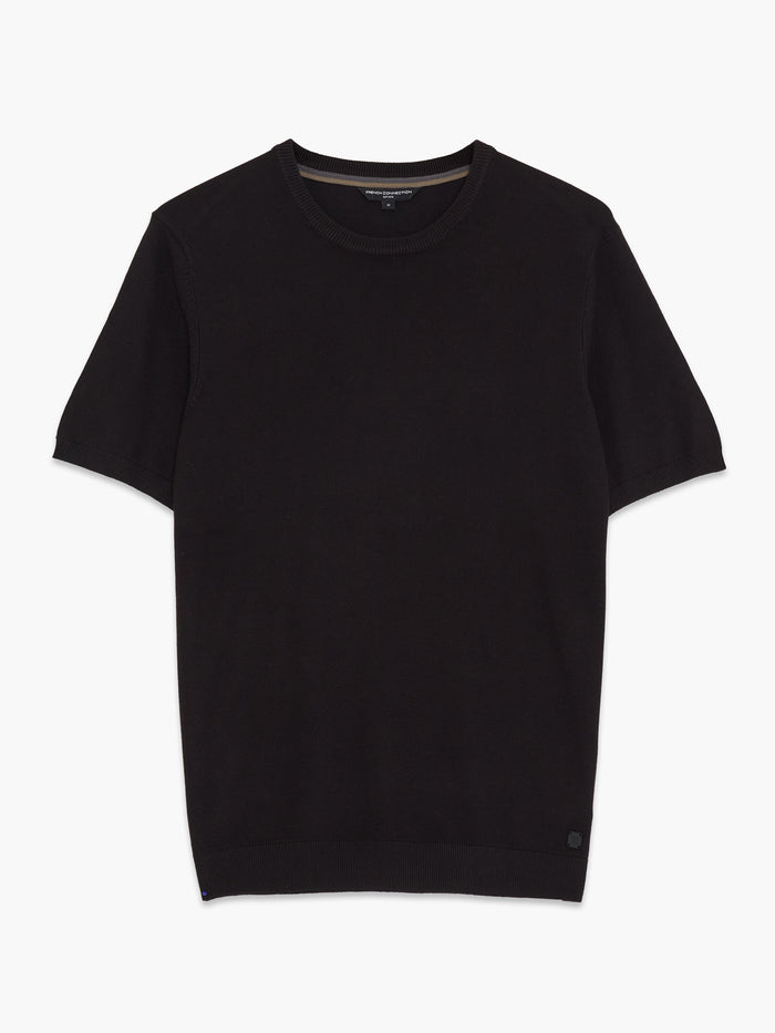 A man wearing a black knit T-Shirt with ribbed short sleeves, a crew neckline and a regular fit.
