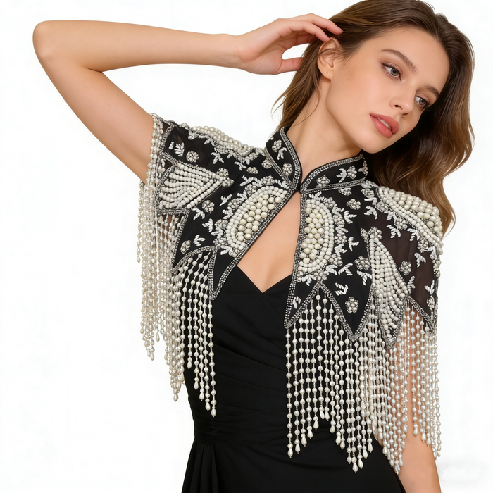 Handmade black pearl beaded Gatsby bridal cape with cascading fringe and Art Deco embroidery.