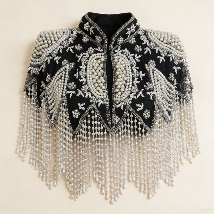 Handmade black pearl beaded Gatsby bridal cape with cascading fringe and Art Deco embroidery.