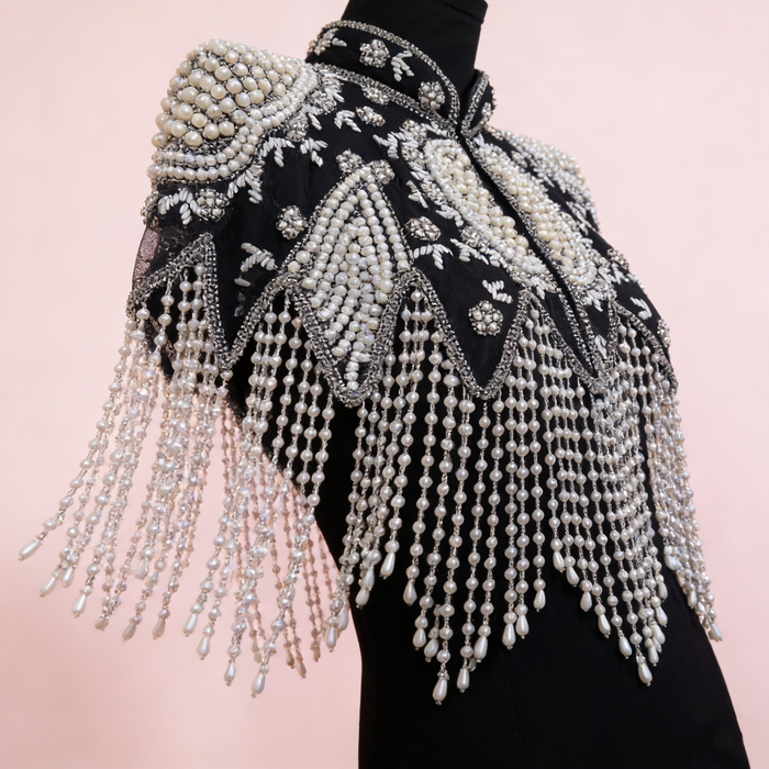 Handmade black pearl beaded Gatsby bridal cape with cascading fringe and Art Deco embroidery.