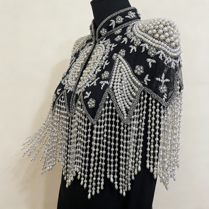 Handmade black pearl beaded Gatsby bridal cape with cascading fringe and Art Deco embroidery.