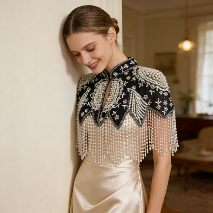 Luxury black and ivory bridal shoulder cape featuring faux pearl embroidery and elegant fringe.