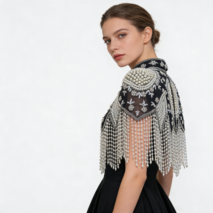 Luxury black and ivory bridal shoulder cape featuring faux pearl embroidery and elegant fringe.