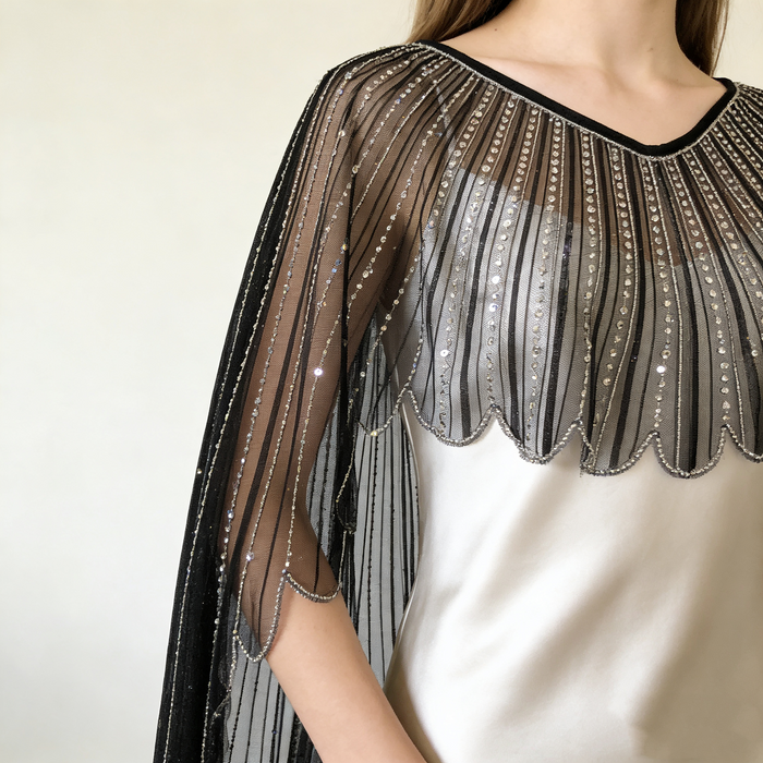 Luxury black sequin wedding shoulder wrap featuring crystal details and elegant wing sleeve bridal cape design.