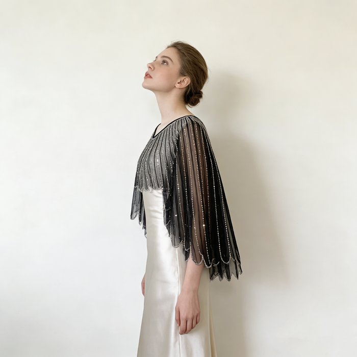 Luxury black sequin wedding shoulder wrap featuring crystal details and elegant wing sleeve bridal cape design.