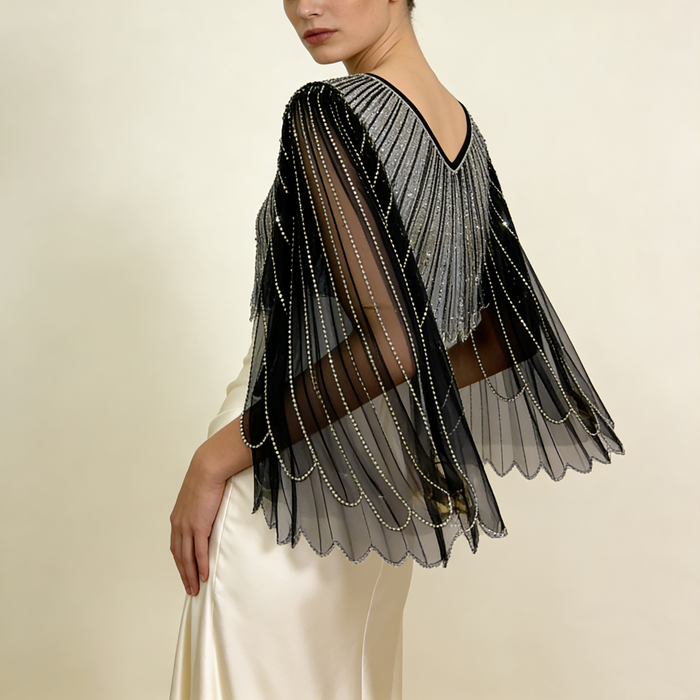 Luxury black sequin wedding shoulder wrap featuring crystal details and elegant wing sleeve bridal cape design.