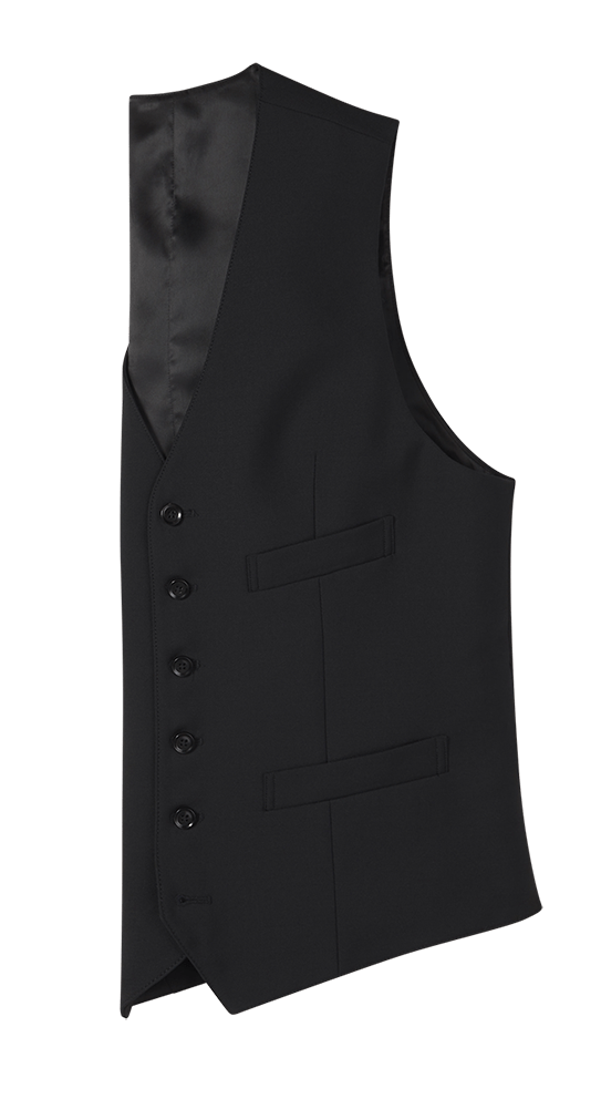 Black suit vest, flat lay side view, satin back panel, light grey background.