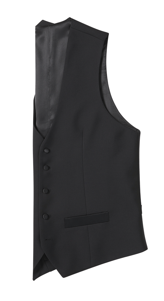 Black tuxedo vest, flat lay side view, satin back panel, light grey background.