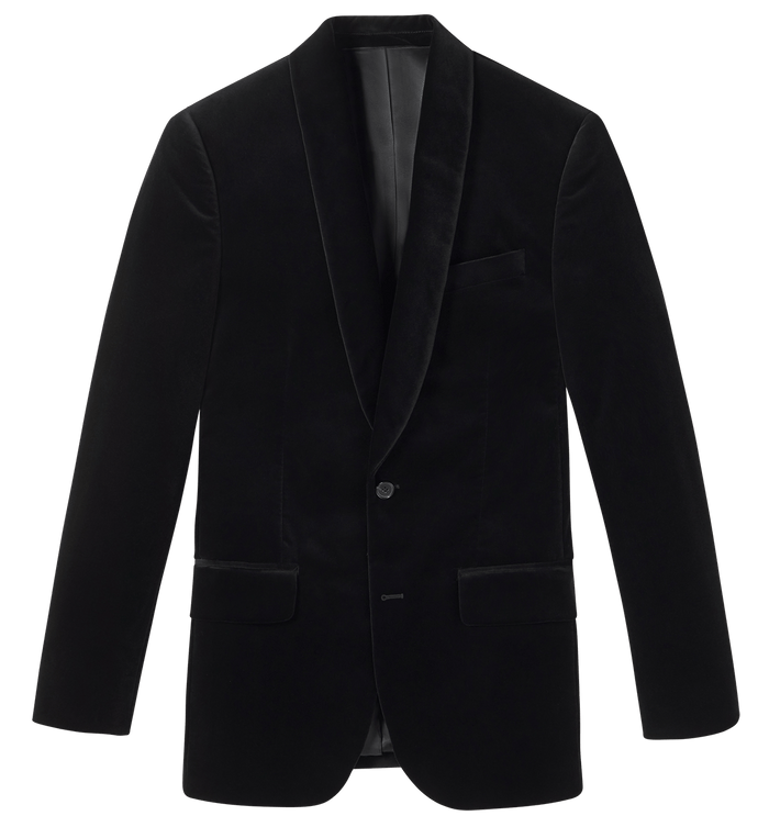 Black velvet tuxedo jacket with shawl lapel, flat lay, grey background.